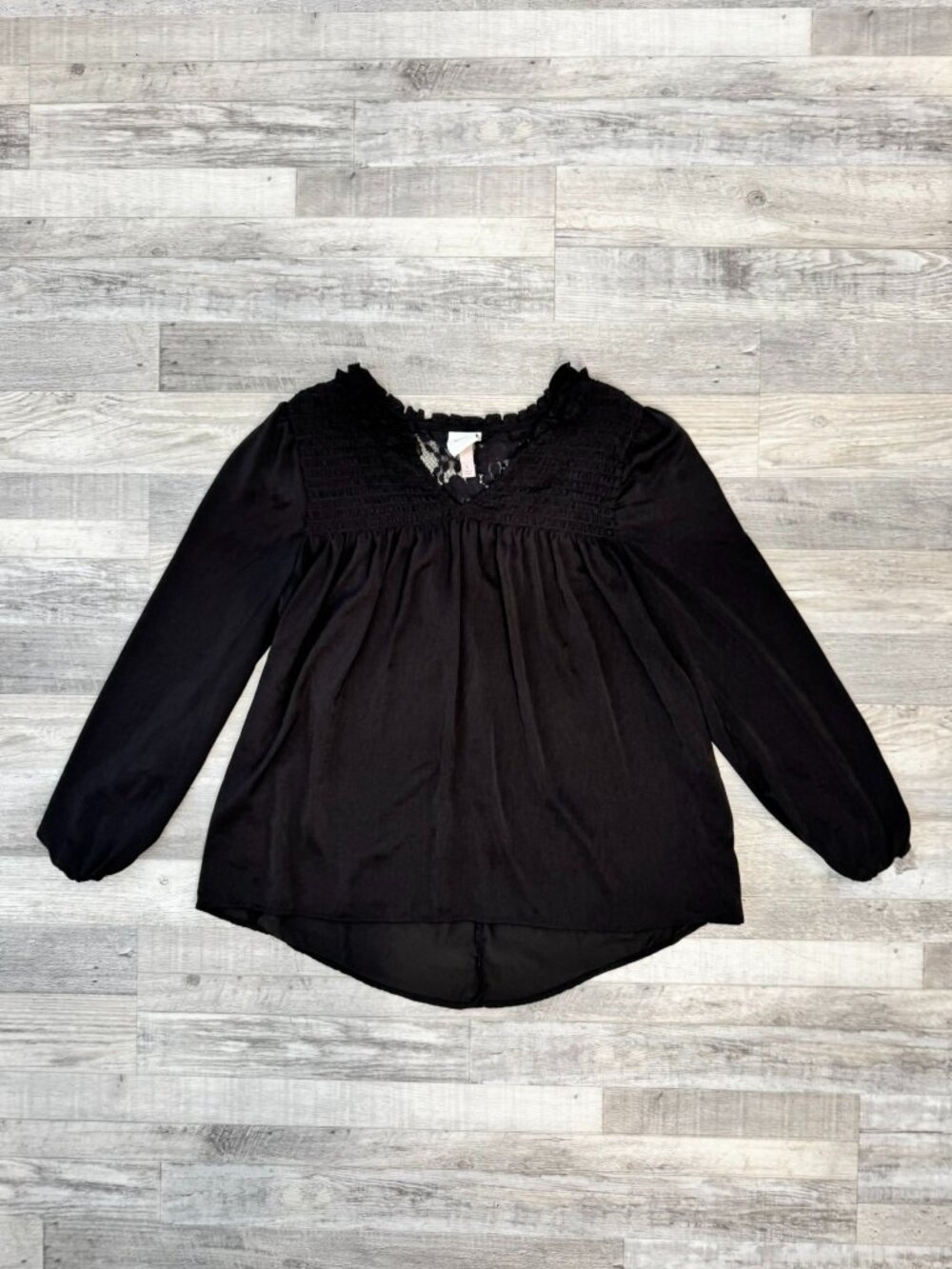 Knox Rose Black Lightweight Long Sleeve Blouse Size Large Lace Detail F14